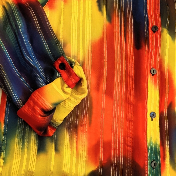 Vintage Chico's Silk Rainbow Metallic Tie Dye Button Down Shirt - Picture 4 of 4